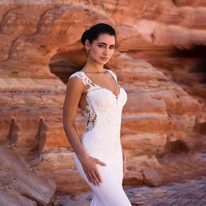Satin Mermaid Boho Sexy Sleeveless V Neck Beaded hijab Bridal Dress Wedding Gowns Women Long Train