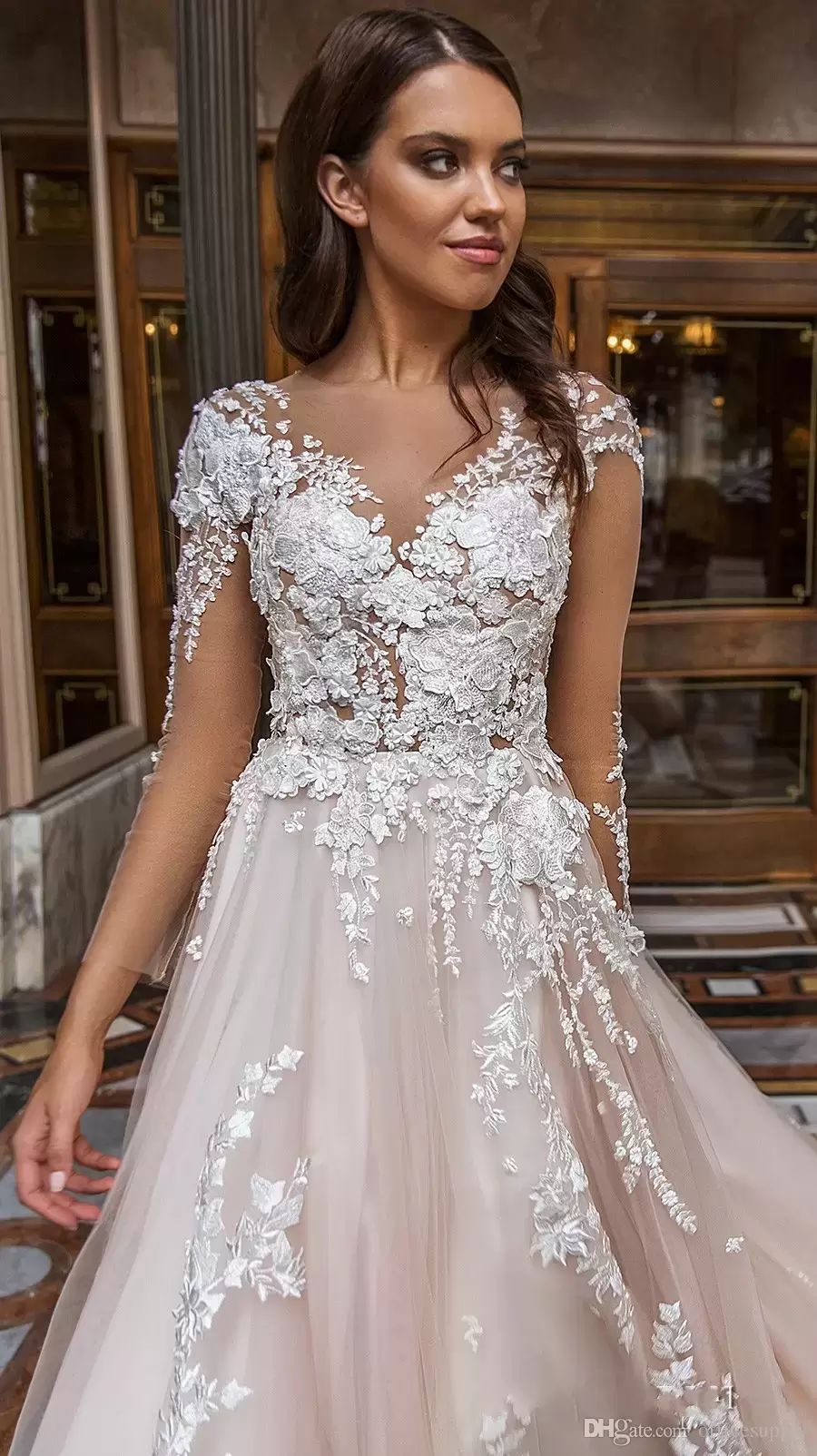 Pink Blush Wedding Dresses Long Sleeves Bridal Gown A Sweep Train Illusion Back D ral Lace Applique Beach Country Vestido De Novia Custom Made pplique