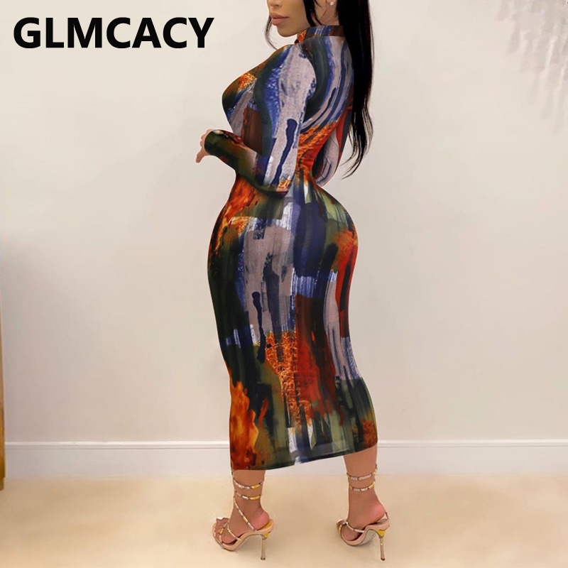 Women Long Sleeve Abstract Bodycon Dresses 210702