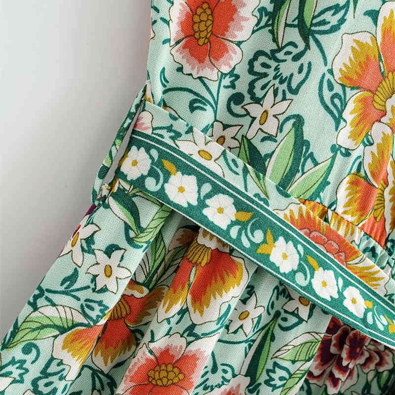 PUWD Sweet Women V Neck Bow Lace Rompers Summer Fashion Ladies Country Style Female Printed Suspender Jumpsuit 210522