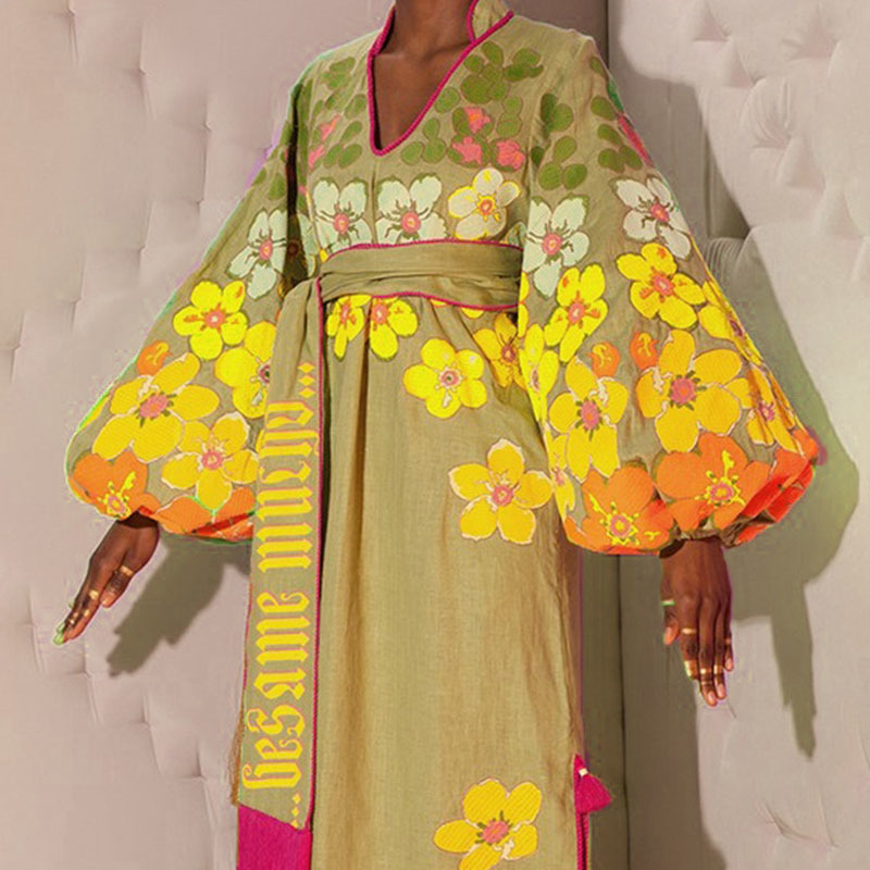 VKBN Summer Dress Women Puff Sleeve Yellow Flowers Printing with Sashes Loose V-Neck for Party Plus Size Fashion Clothing 210507