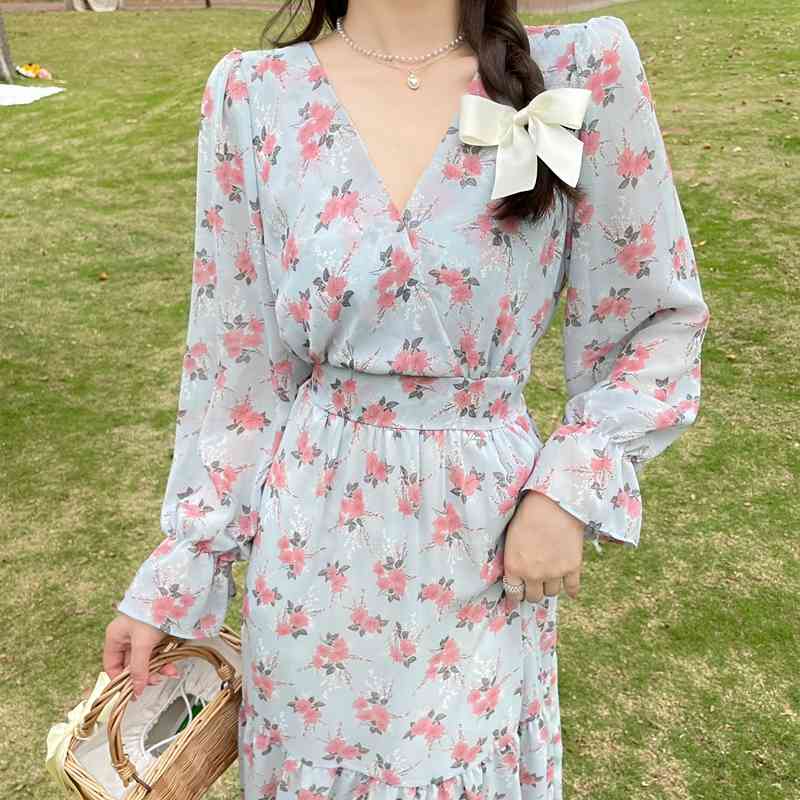 Women's Chiffon Dress Female Vintage Floral Printed Long Sleeve Spring Autumn V-Neck High Waist Slim Midi Dress Vestidos 210518