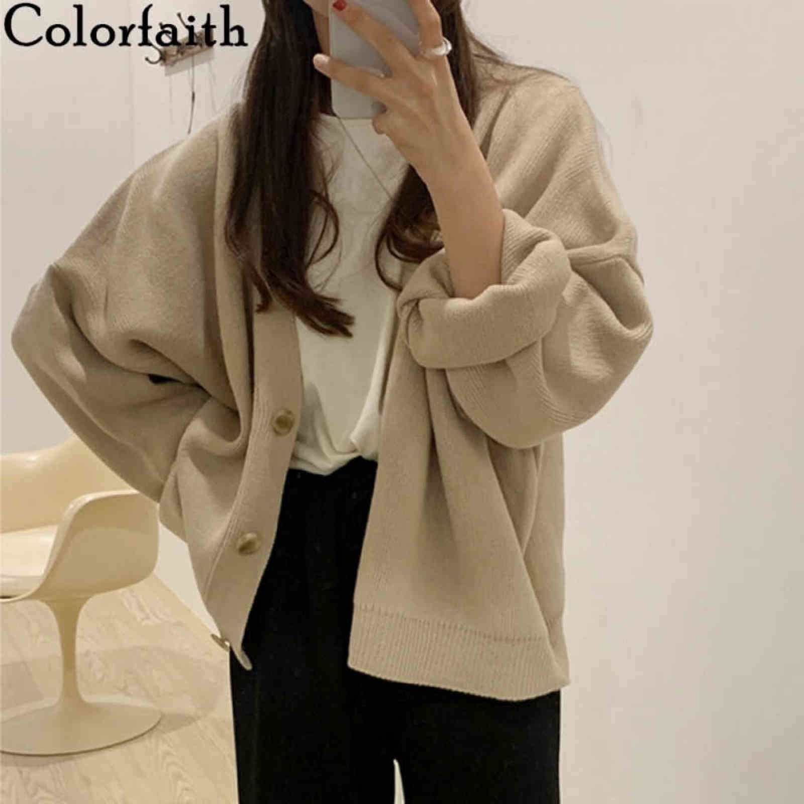 Colorfaith Winter Spring Women's Sweaters V-Neck Buttons Cardigans Oversized Fashionable Korean Lady Knitwears SWC18190 211109