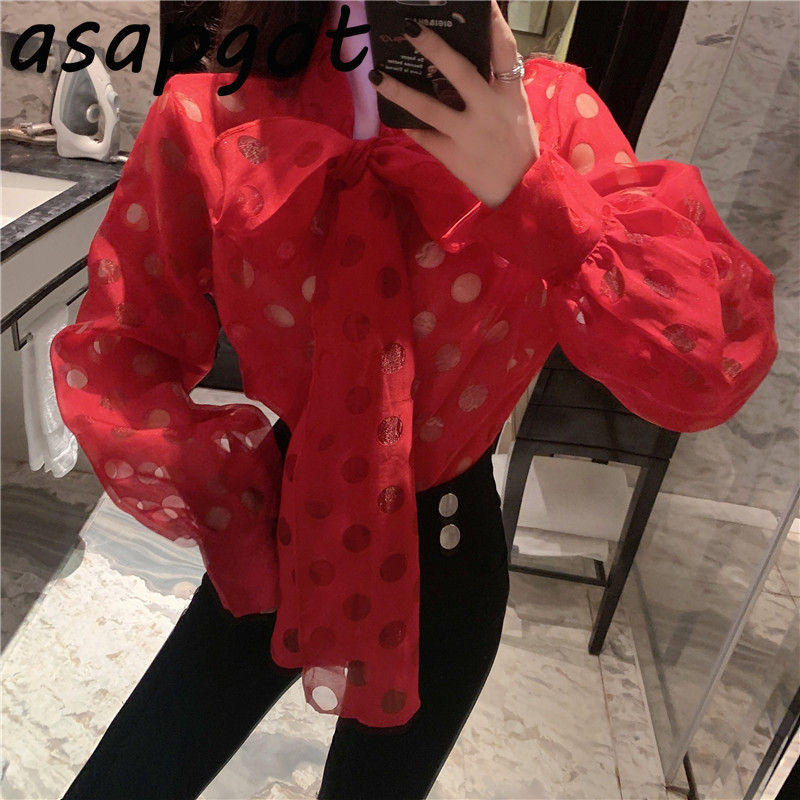 Transparent Retro Blouse Lantern Sleeve Red Polka Dot Bow Shirts Long Top Chic High StreetWear Loose Fashion Blusas 210429