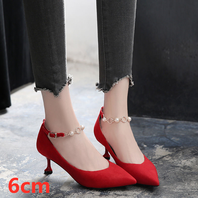 Top Quality Top Zapatos Dama Women Cute Red Pointed Toe Buckle Stray Crystal Stiletto Heel Shoes Lady Casual Black Office Shoes B6100