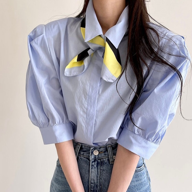 Nomikuma Korean Elegant Turn-down Collar Women Tops Fashion Puff Sleeve Blouse Shirt Summer Solid Blusas Feminimos 6H519 210427