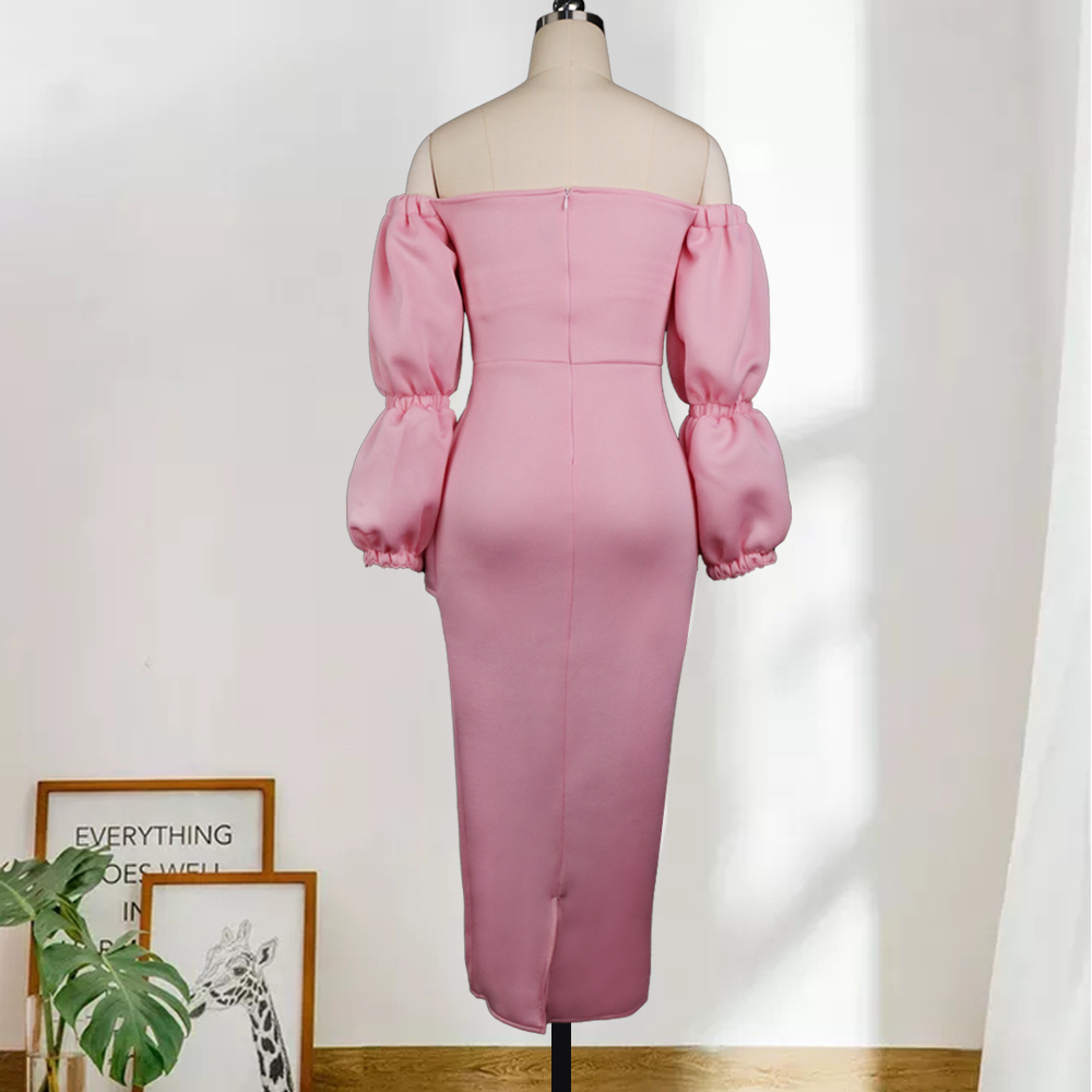 Pink Off Shoulder Lantern Sleeves for Women Midi Elegant Sheath Celebrate Dinner Party Evening Bodycon Dress Plus Size XXL 210416