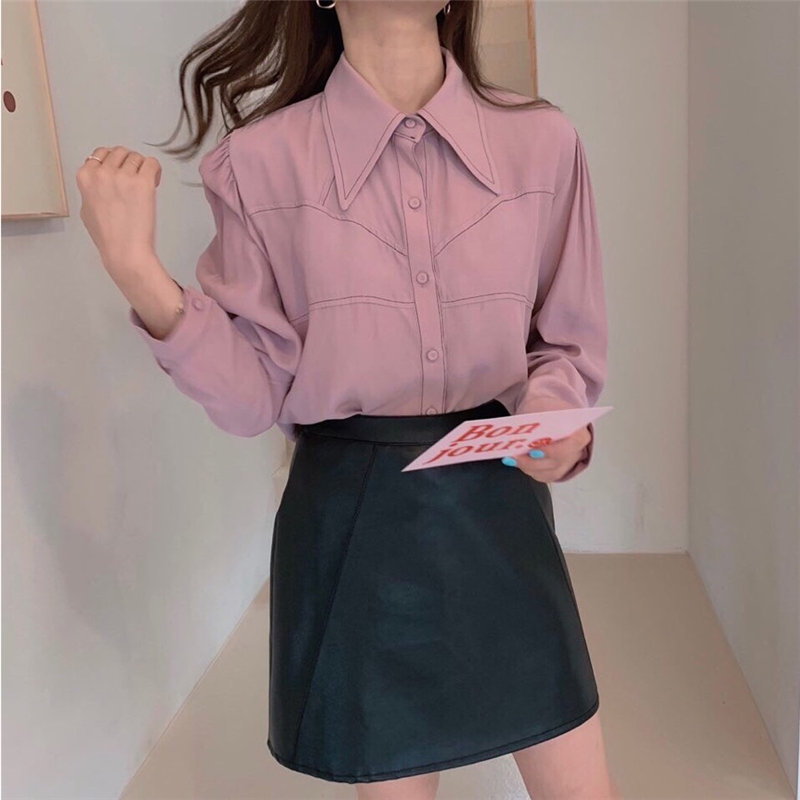 Color-Hit Girls Vintage High Street Elegance OL All-Match Casual Basic Full Sleeves Chic Loose Slim Women Shirts 210421