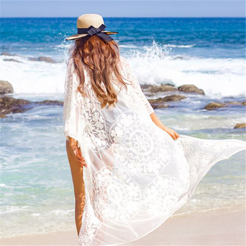 Mesh Cover up Saida de Praia Embroiry Swimsuit Sarong Kimono Summer Beach Dress Vestidos Playa #Q976 210420
