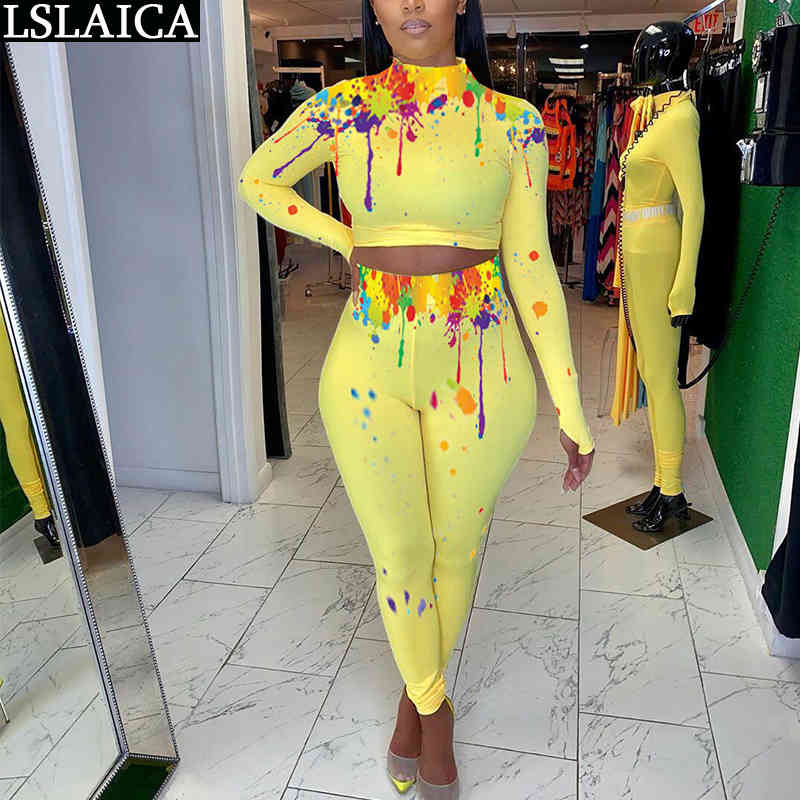 2 Piece Set Tracksuit Women Casual Turtleneck Long Sleeve Crop Tops Sets Womens Outfits Autumn Tie Dye Print Club 210520