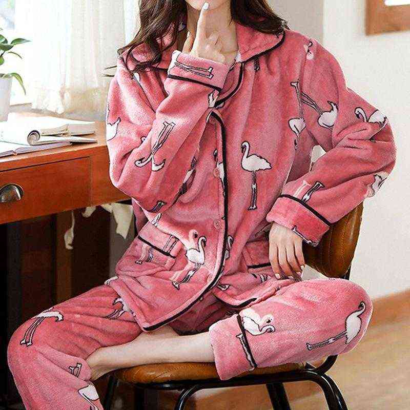 ZITY Winter Pajamas Set Women Sleepwear Warm Flannel Long Sleeves Pajamas Pink Cute Animal Homewear Thick Home Suit 211109