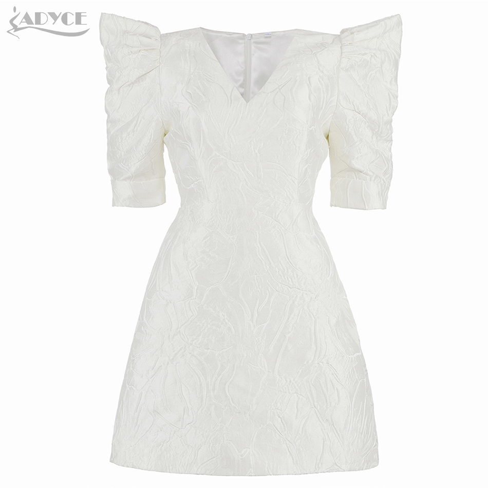 Summer Women Elegant White V Neck Mini Dress Sexy Half Puff Sleeve Celebrity Evening Runway Club Out Wear Dresses 210423