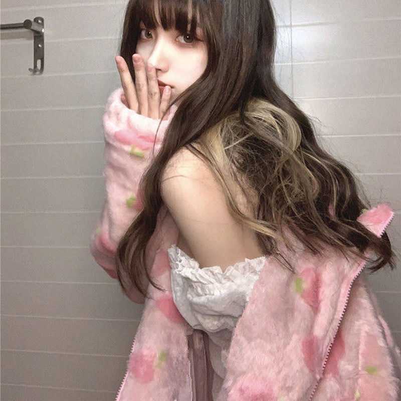 Pink Kawaii Zip Up Harajuku Hoodie Women Cute Long Sleeve Jacket Sweatshirt Y2k Aesthetic Winter Clothes Kpop Korean Fashion 211008