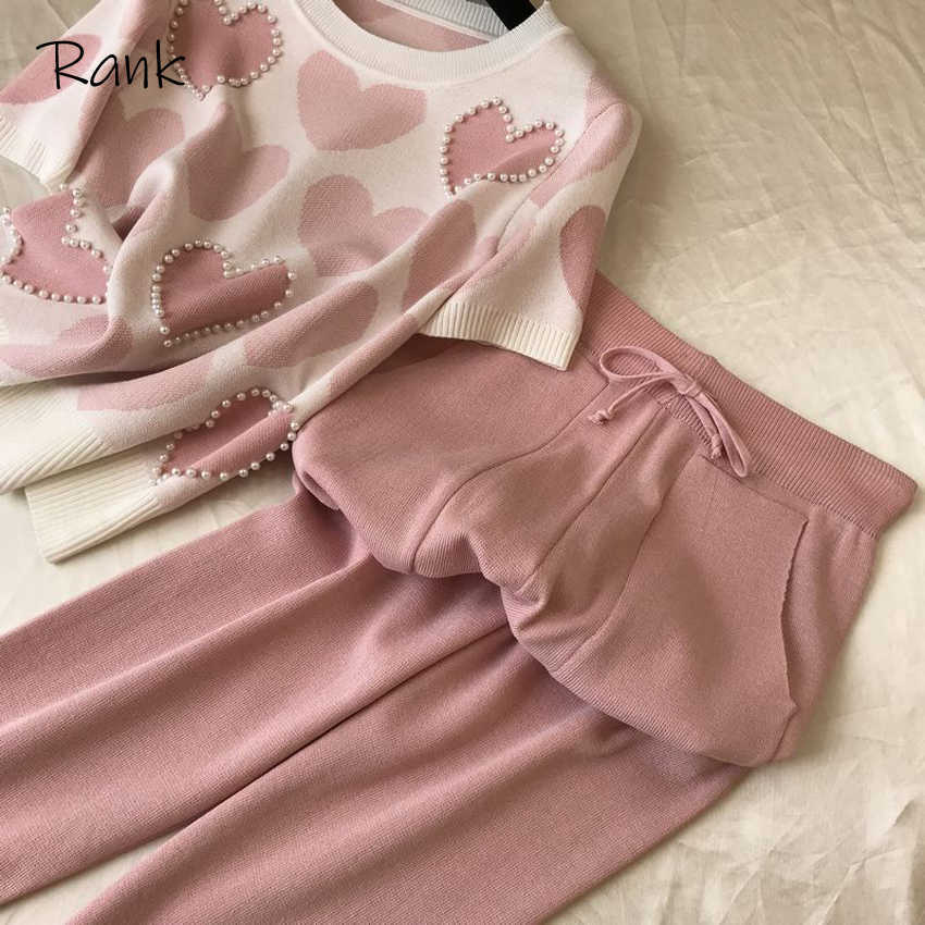 2 Piece Set Women Knit Outfits Heart Beading Round Neck Sweater Long Sleeve Pants Set Female Casual Elastic Harem Pants Top Sets Y0625
