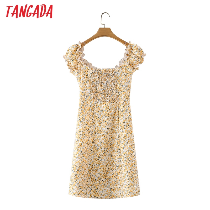 Summer Women Floral Print Vintage Puff Short Sleeve Ladies Dress Vestidos 2M146 210416