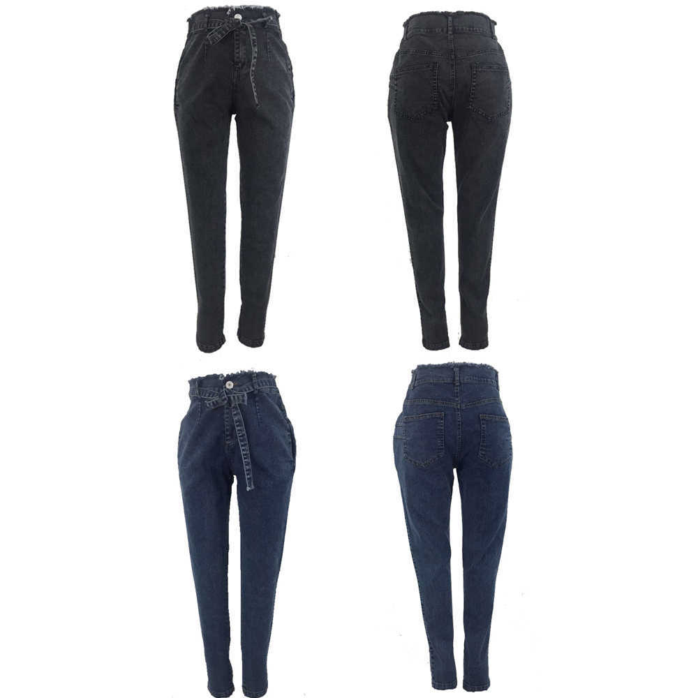 High Waist Jeans For Women Slim Stretch Denim Jean Bodycon Tassel Belt Bandage Skinny Push Up Jeans Woman 210616