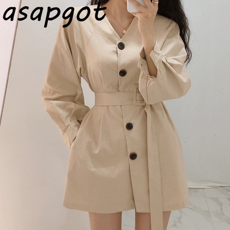 Dresses Spring Lace Up Waist V Neck Casual Single-breasted Dress Women Mini Lantern Sleeve Full Retro Elegant Chic Vestido 210429