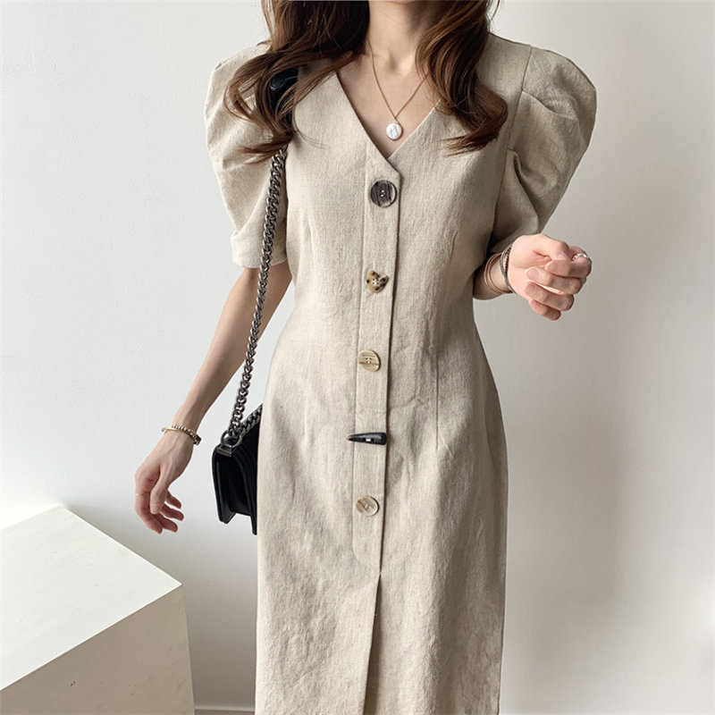 Korean Chic Retro Slim Fashion OL Women Brief High Waist V-neck Office Lady Cotton Linen Long Dresses 210421