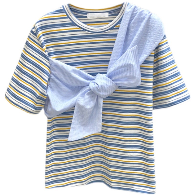 Nomikuma Summer Striped Short Sleeve Woman T Shirt Bow Bandage Korean Graphic Tees New Causal O-neck Tshirt Femme 6H168 210427