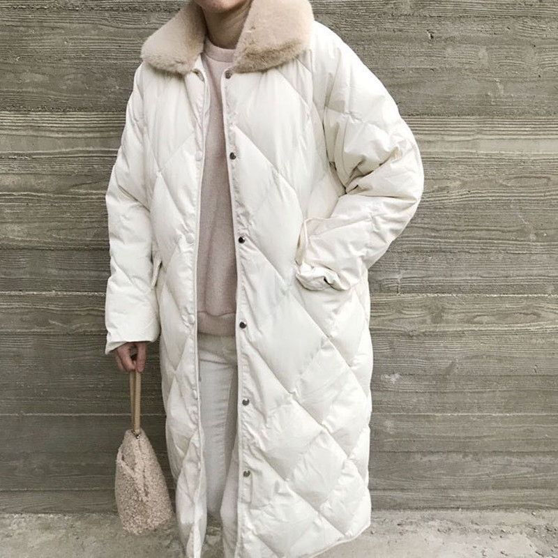OL Faux Fur Collar Long Coat Winter Jacket Thick Warm Women Parkas Classic Elegant Solid Single-breasted Parka 210421