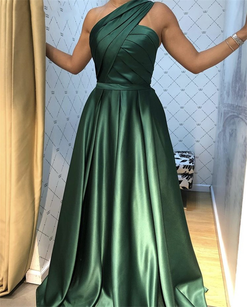 Green One Shoulder Sleeveless A-Line Evening Dress Party Floor Length Satin Pleated Long Prom Dresses vestidos de fiesta de noche