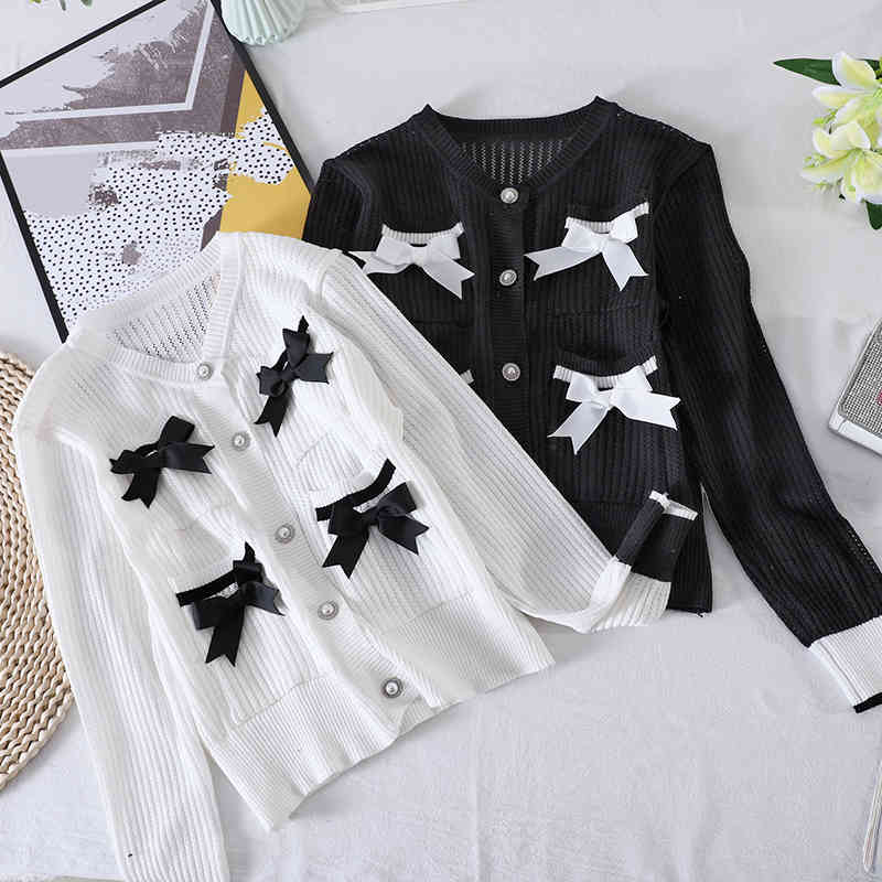 Fashion Elegant Summer Korean Sweater Knitted Cardigan Women's Short Bow Pocket Jacket 210506