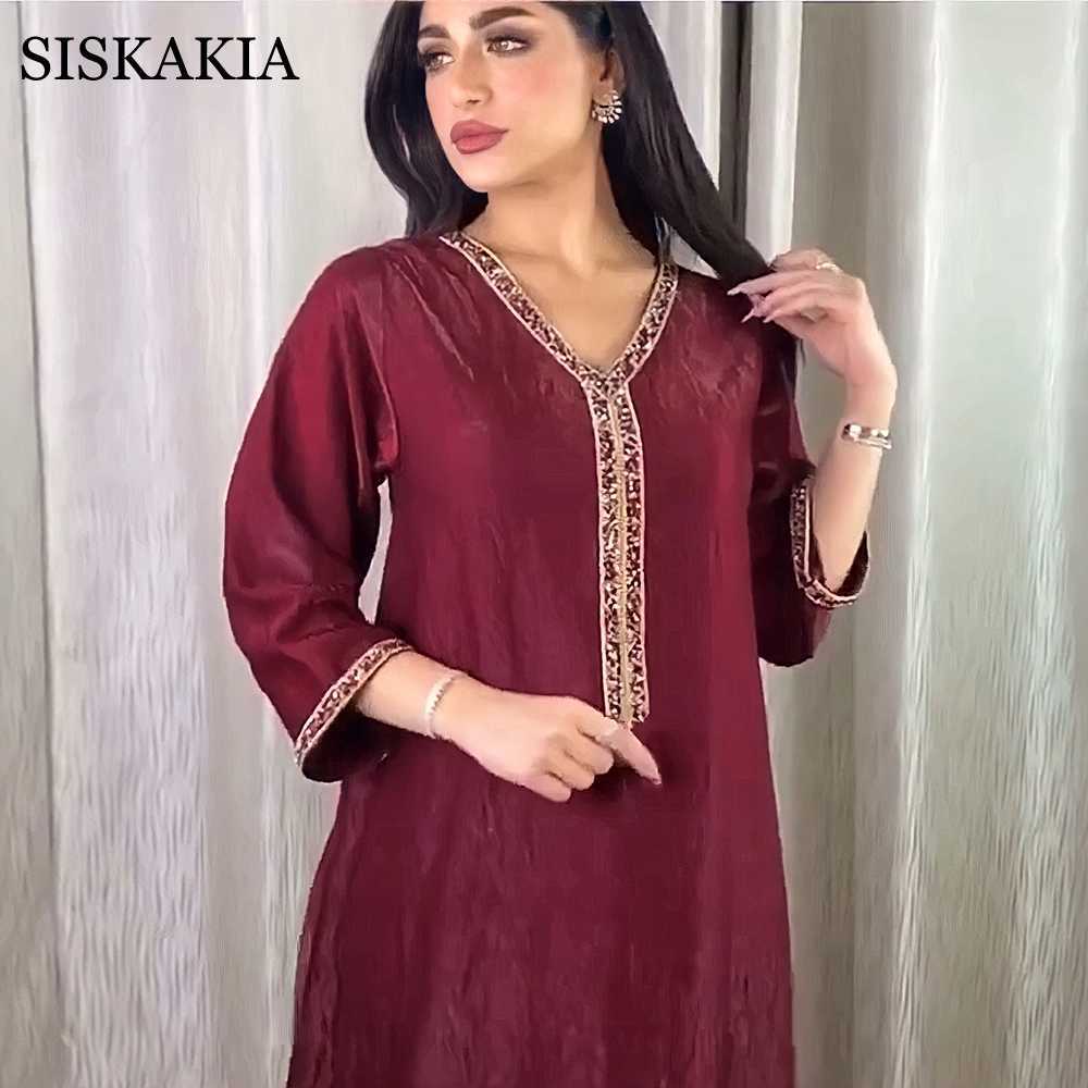 Siskakia Jalabiya Long Sleeve Maxi Dress for Women Fall Dubai Abaya Fashion Diamond Ribbon V Neck Muslim Arabic Robe 210630