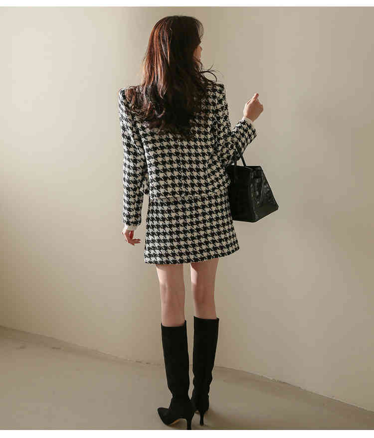 Autumn Two Piece Set Women Office Houndstooth Ladies Long Sleeve Tweed Jacket Coat+ Short Bodycon Skirt Suits 210519
