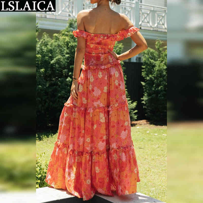 Wholesale Woman Dress Floral Print Fresh and Sweet Wrapped Breast Dresses for Women Holiday Beach Slash Neck Vestido De Mujer 210515