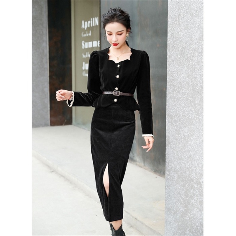 Korean Spring Vintage Office OL Velvet Fashion 2 Piece Sets Women Elegant Square Collar Slim Shirt + Bodycon Pencil Skirts Suit 210519
