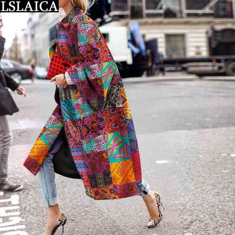 Casual Lapel Trench Coat For Women Autumn Winter Fashion Print Loose Warm Long Plus Size High Street Style Ladies Overcoats 210520