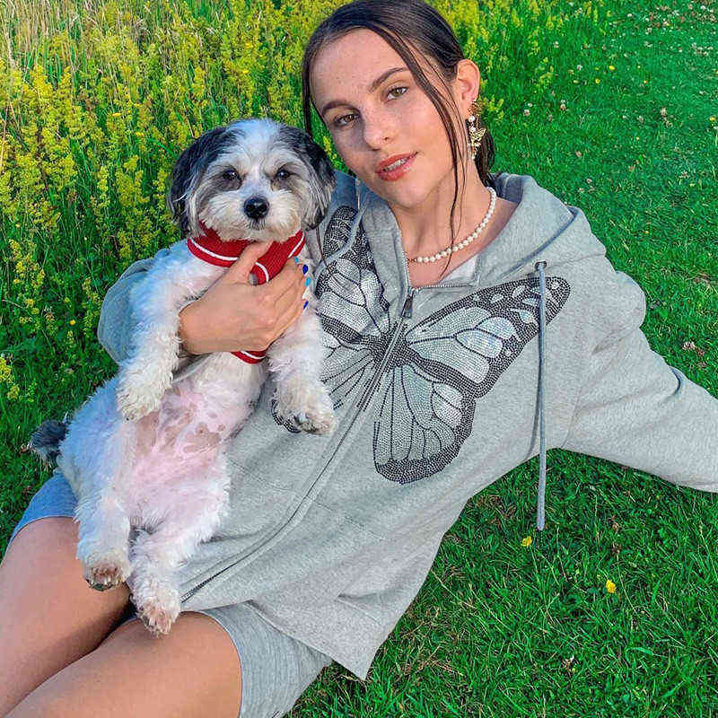 Kawaii Butterfly Graphic Printed Black Harajuku Oversized Hoodies For Women Zip Up Long Sleeve Sweatshirt Streetwear Top Autumn 211109