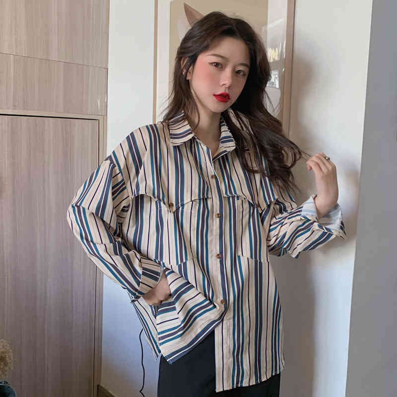 QOERLIN Striped Long Sleeve Turn Down Collar Elegant Plus Size Women Blouse Streetwear Oversize Shirts Big Size Blusa Feminine 210412