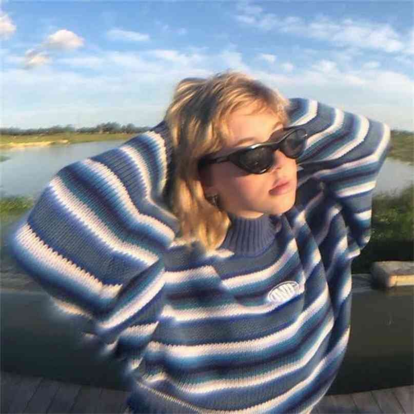 Clarissa Sweater Blue & White Striped Oversized Jumper Embroidered Mock Neck Cropped Pullovers Harajuku Women's Sweaters / 210908