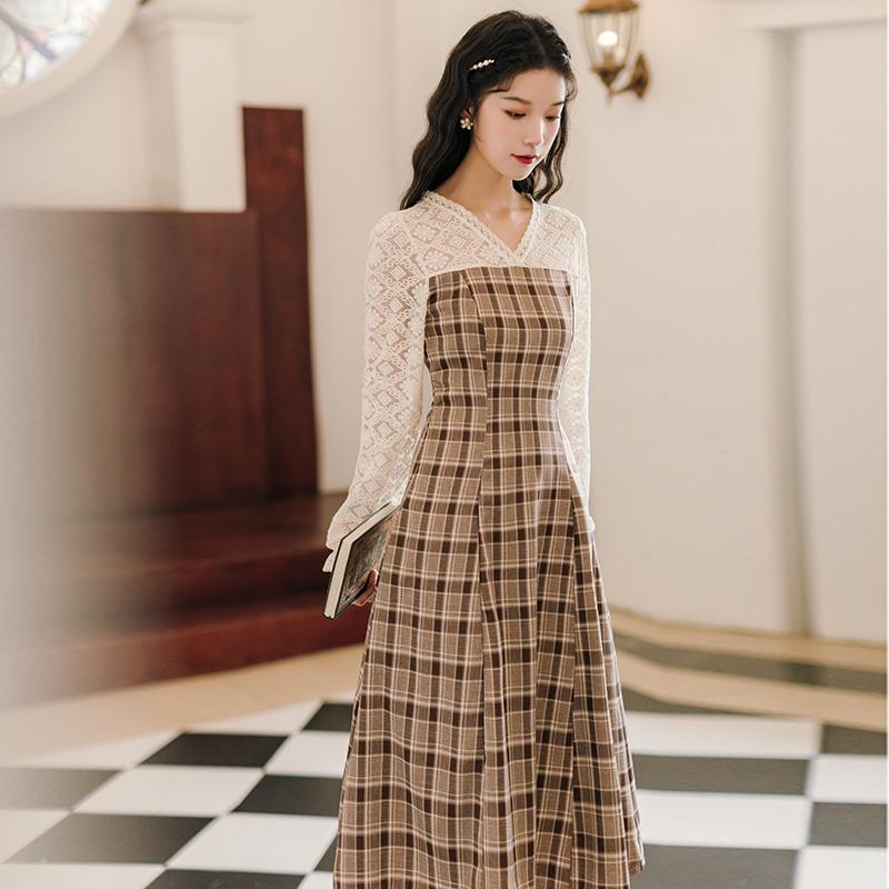 Fashion Women's Clothing Autumn Full Lace Mid-Calf Vintage Dresses Casual