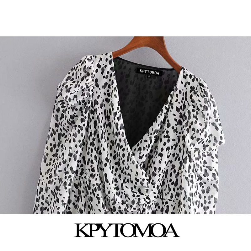 Women Chic Fashion Animal Print Ruffled Mini Dress Wrap V Neck Puff Sleeve Female Dresses Vestidos Mujer 210420