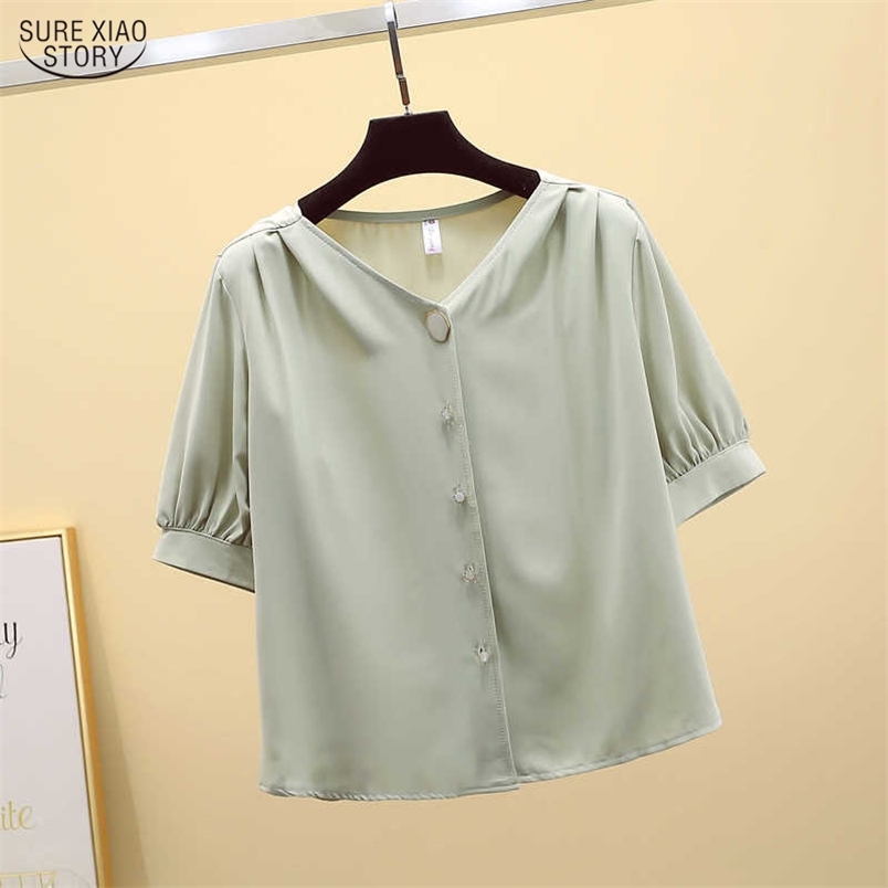Korean Chiffon Blouse Simple V-neck Short Cardigan Shirts Women Summer Solid Sleeve Top Female Blusas 9881 210506
