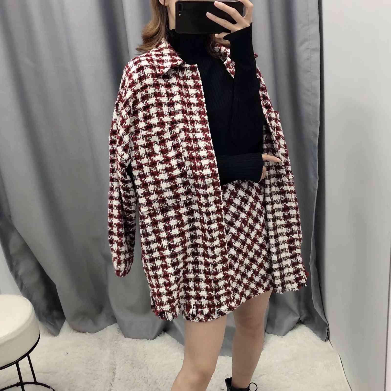 Fashion oversize plaid jacket Women casual tweed coat vintage Long Sleeve office wear long 210521