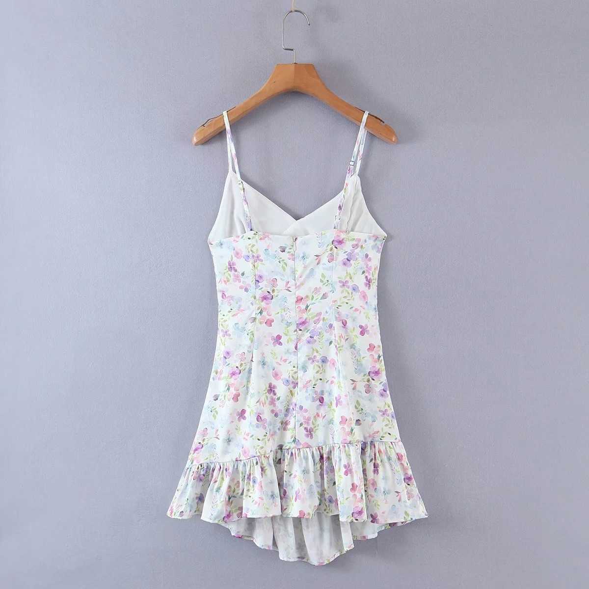 DEAT Women Ruffles Printing Sling Dress V-neck Sleeveless Arrivals Lady Sexy Temperament Fashion Spring Summer 11D1703 210709