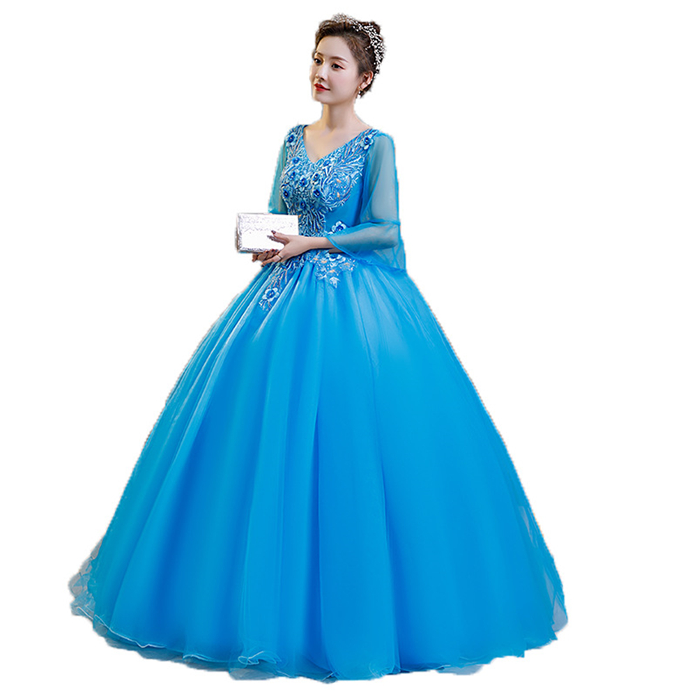 Quinceanera Dresses 2021 Beaded Party Prom Formal Three Quarter Sleeve V-neck Ball Gown Vestidos De 15 Anos QC1379