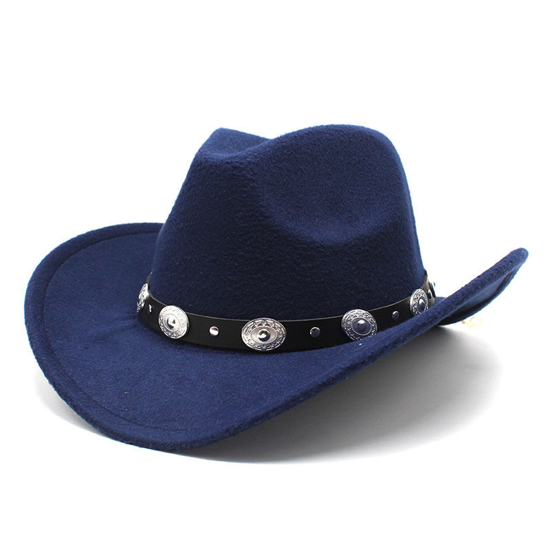 Rollup Large Brim Wool Felt Hats Women Men Western Cowboy Hat With Punk Leather Belt Jazz Cap