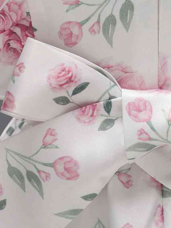 Baby Floral Print Butterfly Sleeve Ruffle Hem Satin Gown Dress SHE