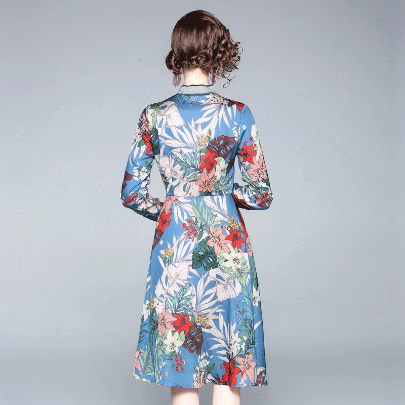 blue knee length dress bow collar tropical floral printed long high waist A-line dresses for women chic vestidos 210421