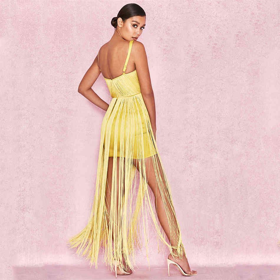 Summer Women's long Bandage Dress Celebrity Party Sexy Bodycon Sling V-neck Fringe Vestidos 210525