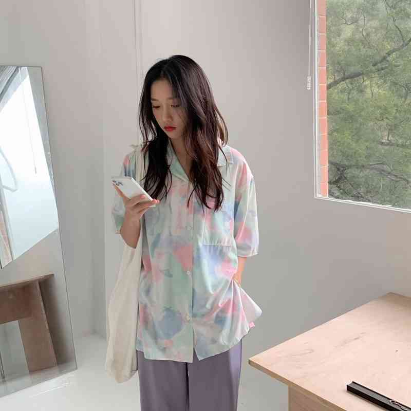 Femme High Street Printed Oversize Gentle Short Sleeves Tops Dying OL Students Casual Summer Brief Outwear Shirts 210421