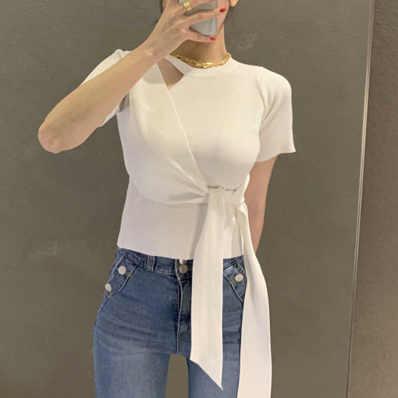 Korejpaa Women Sweater Summer Korean Gentle Round Neck Hollow Slim Fit Waist Belt Irregular Thin Ice Silk Knitted Pullovers 210526
