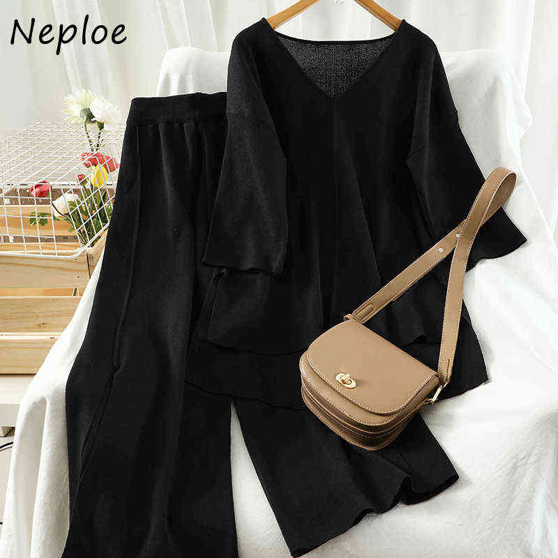 Neploe Sweet Suit V-neck Solid Color Split Knitted Pullovers + Straight Stretch Waist Wide Leg Pants 2 Piece Set Women 211105