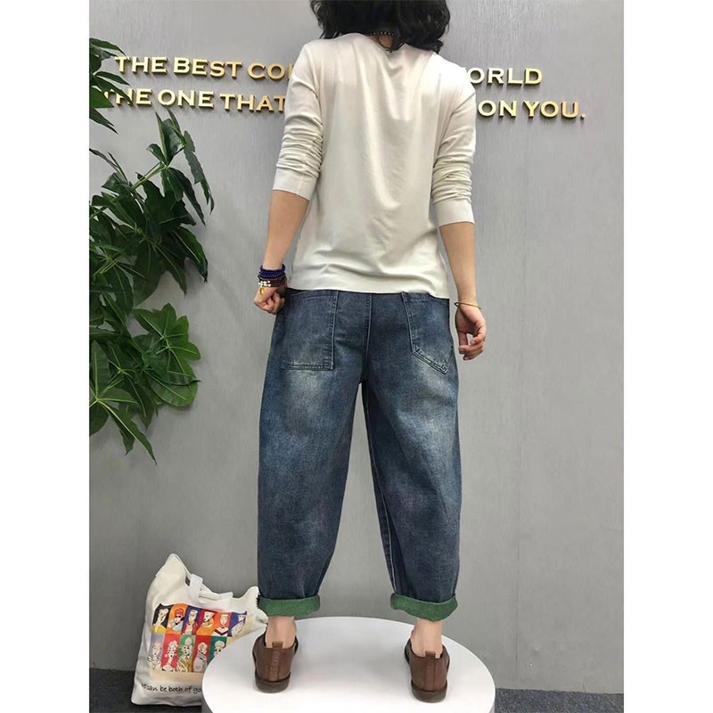 Arrival Spring Arts Style Women Elastic Waist Loose Embroidery Jeans Patchwork Print Vintage Cotton Denim Harem Pants V295 210512