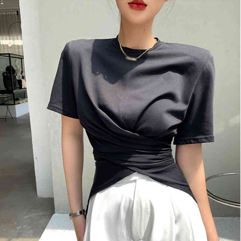 TWOWINSYLE Casual Ruched Irregular Shirt For Women O Neck Short Sleeve Solid Shirts Females Summer Fashion Stylish 210524