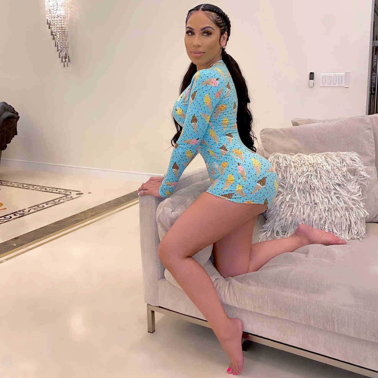 Sexy Skinny Jumpsuit Deep V-Neck Women Long Sleeved Summer Playsuits Cartoon Ice Cream Print Cute Jumpsuits 2021